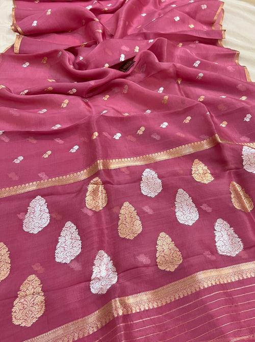 Onion Pink Banarasi Handloom Kora Silk Saree