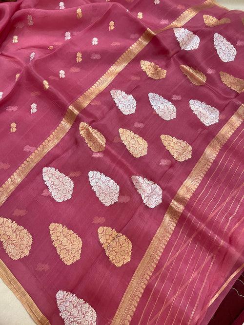 Onion Pink Banarasi Handloom Kora Silk Saree