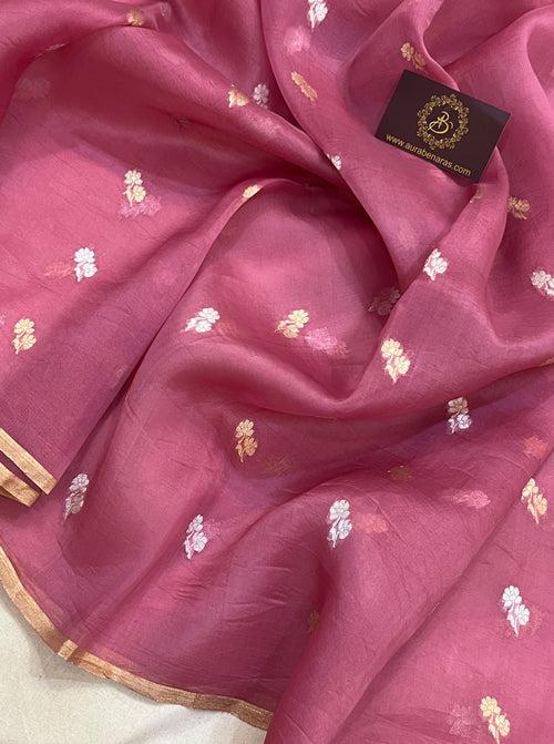 Onion Pink Banarasi Handloom Kora Silk Saree