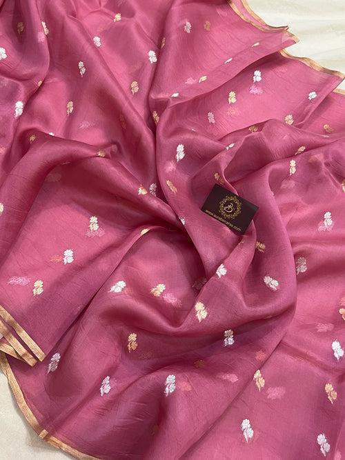 Onion Pink Banarasi Handloom Kora Silk Saree