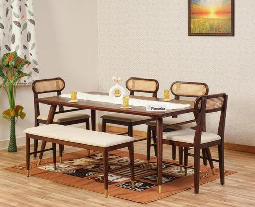 Boston Solid Wood Rattan Cane Dining Table Six Seater Set with Bench