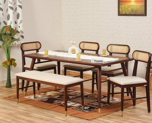 Boston Solid Wood Rattan Cane Dining Table Six Seater Set with Bench