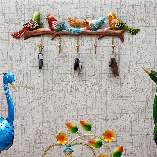 Multicolour Metal Handpainted Bird Key Holder