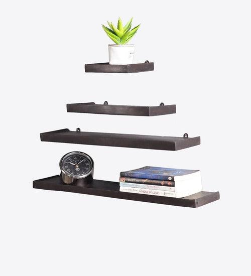 Mango Wood Floating Wall Shelf Set of 4 In Brown Colour