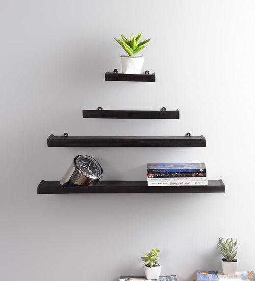 Mango Wood Floating Wall Shelf Set of 4 In Brown Colour