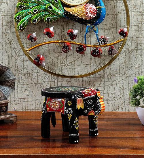 Wooden Mini Black Elephant Chowki/Flower Pot Stand