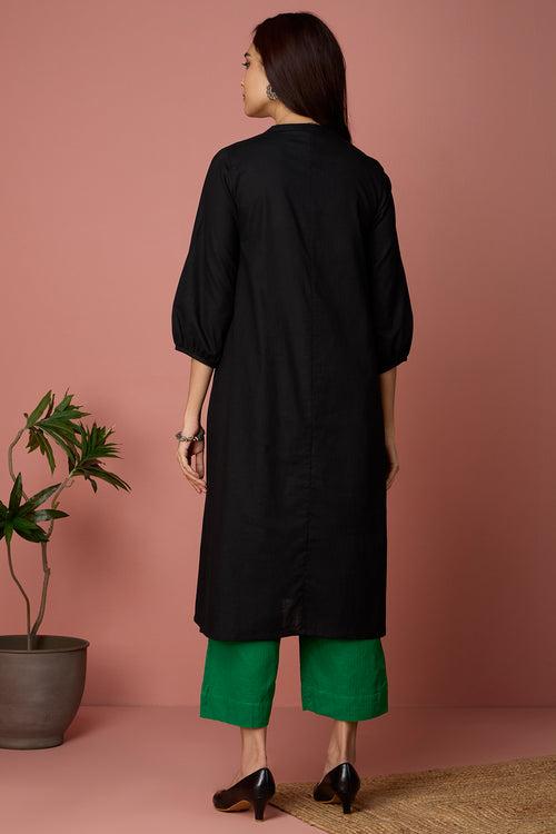 long yoke kurta with patch pocket -Ebony Oasis & Emerald Eclipse