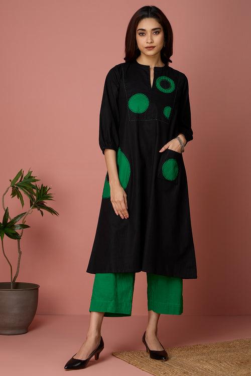 long yoke kurta with patch pocket -Ebony Oasis & Emerald Eclipse