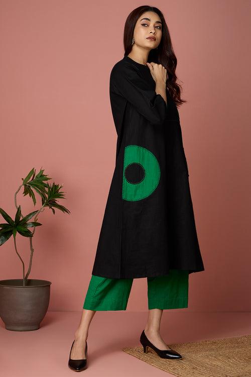 long yoke kurta with patch pocket -Ebony Oasis & Emerald Eclipse