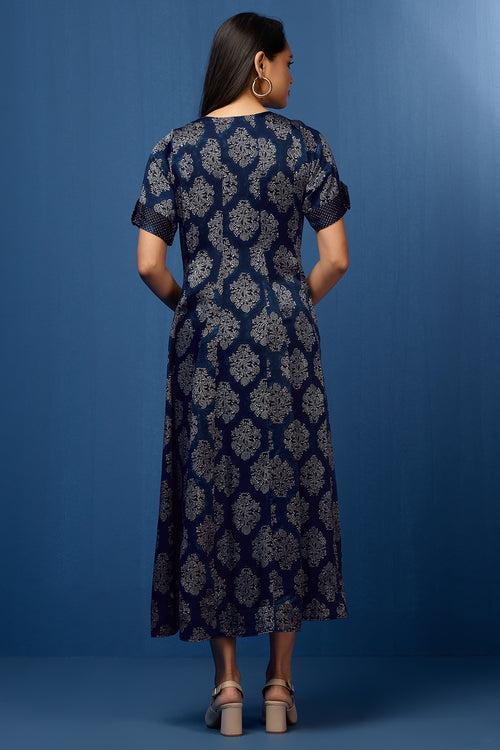 long maxi silk modal ajrakh dress with sleeves - copper-infused & azure bouquet