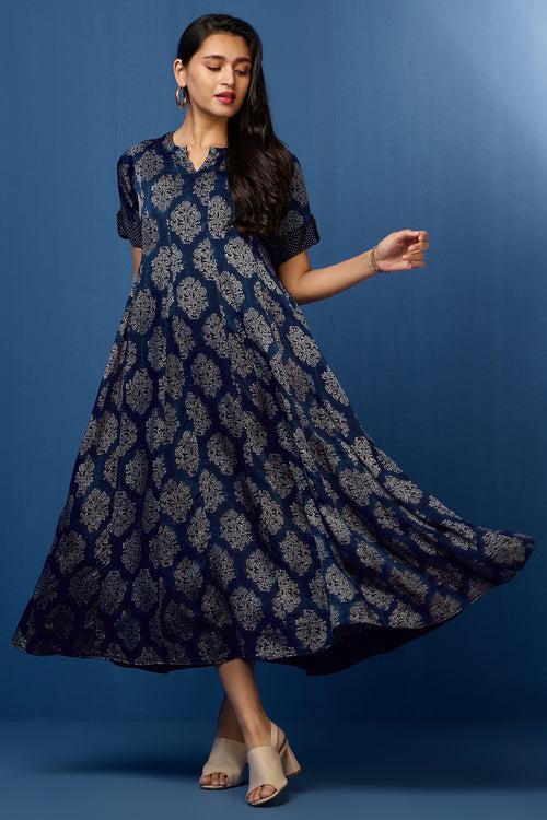 long maxi silk modal ajrakh dress with sleeves - copper-infused & azure bouquet