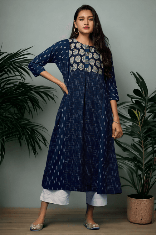 a-line kalidar kurta - Sapphire Night & Silver Blooms