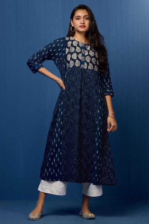 a-line kalidar kurta - Sapphire Night & Silver Blooms