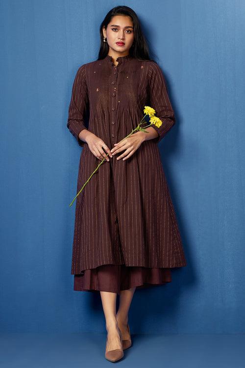 pleated pintuck collar dress - golden cocoa & horizon stripes