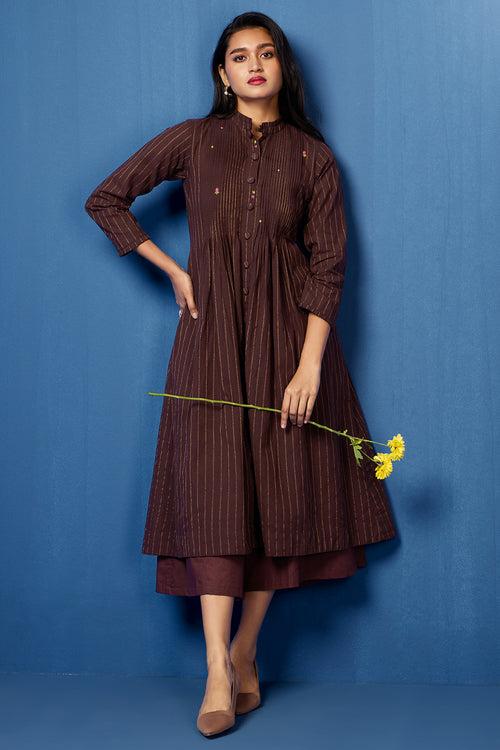 pleated pintuck collar dress - golden cocoa & horizon stripes