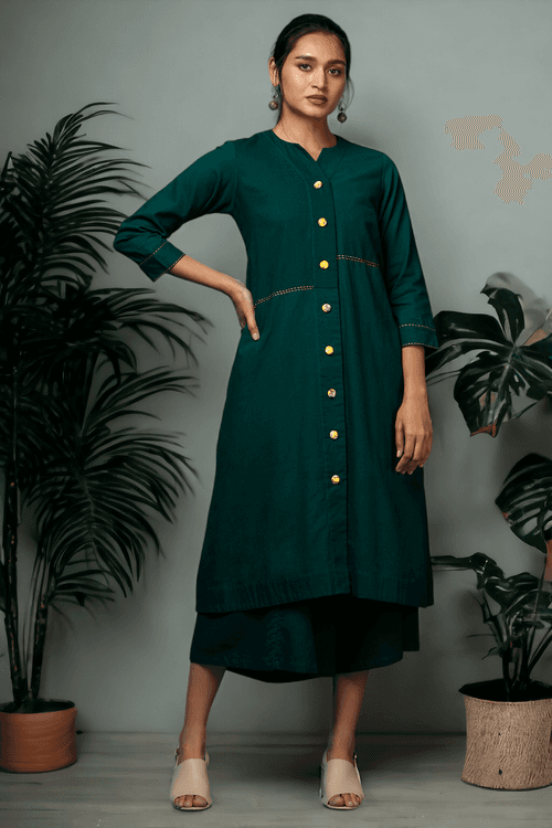 button down tunic kurta with hand stitched details - Evergreen Opulence & Lush Charm