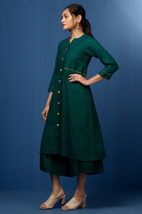 button down tunic kurta with hand stitched details - Evergreen Opulence & Lush Charm