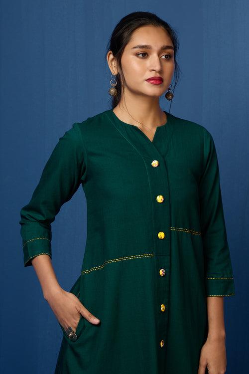 button down tunic kurta with hand stitched details - Evergreen Opulence & Lush Charm