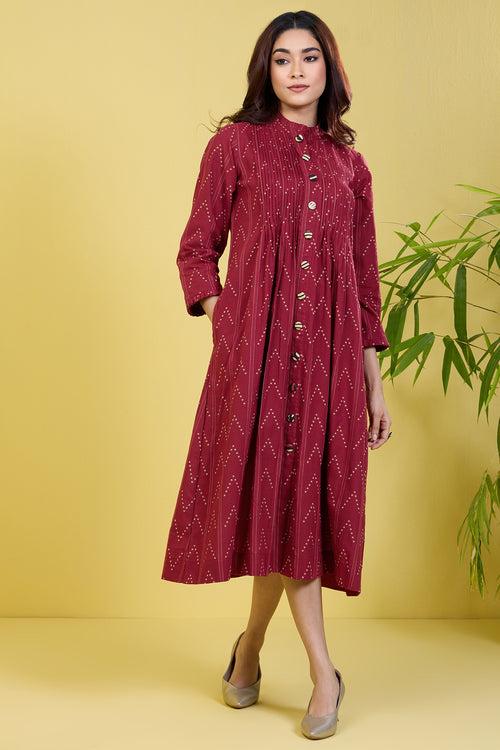 pleated neck pintuck dress burgundy speckles