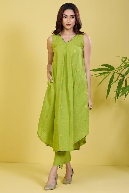 sleeveless lime green co-ord set with box pleat gilded citrus