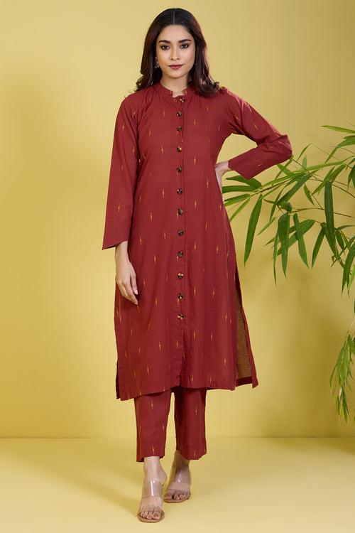 co-ord button down rust round collar kurta set golden rust flecks