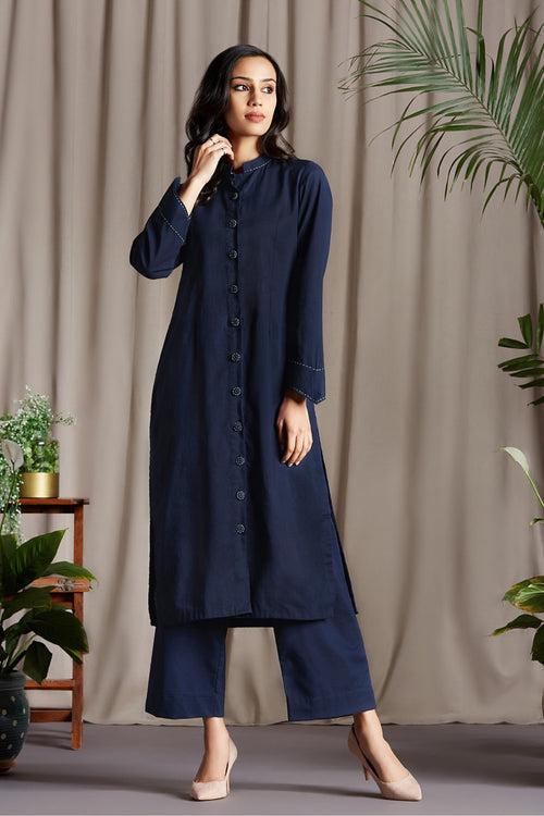 co-ord button down blue round collar kurta set ceylon river