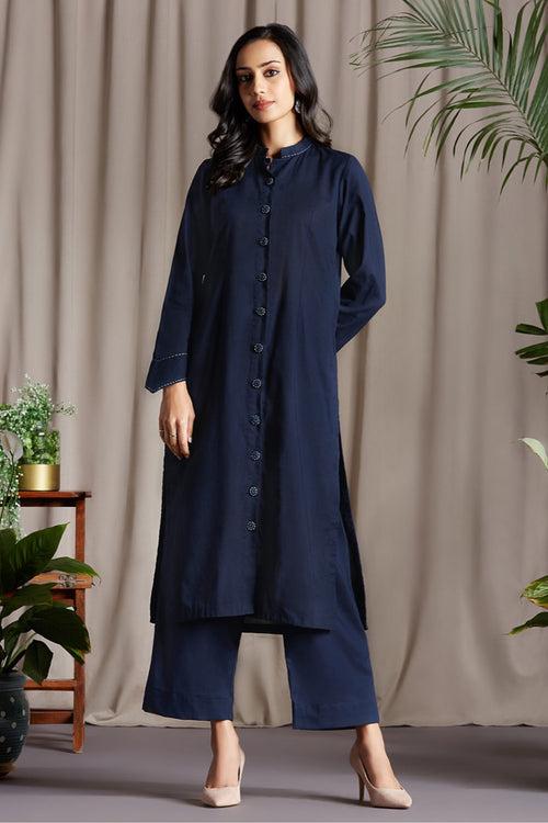 co-ord button down blue round collar kurta set ceylon river