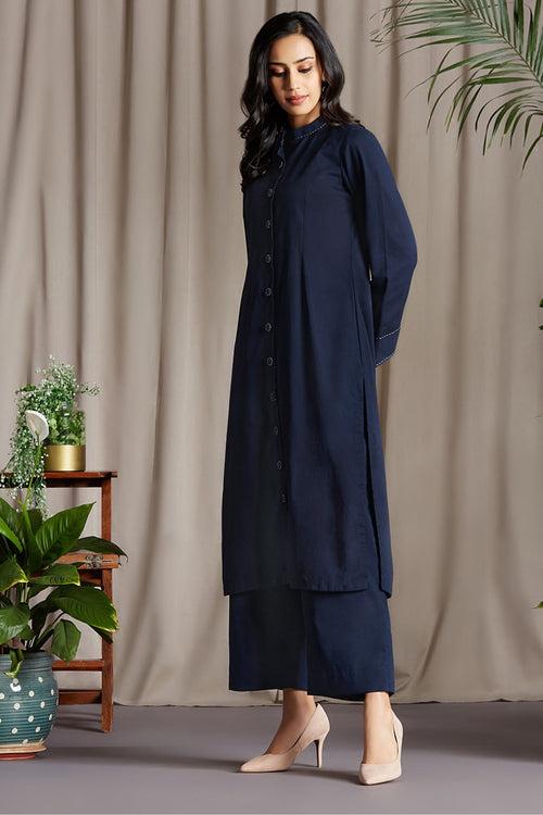 co-ord button down blue round collar kurta set ceylon river