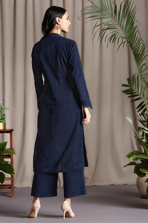 co-ord button down blue round collar kurta set ceylon river