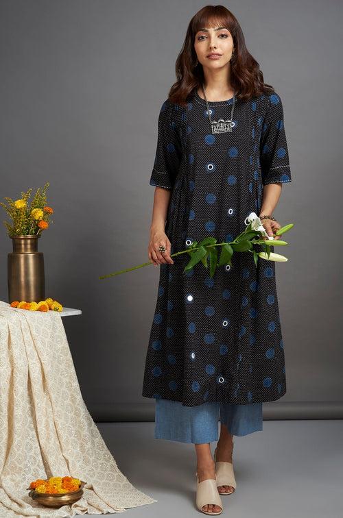 pintuck a-line kurta - stellar sky & polka dots