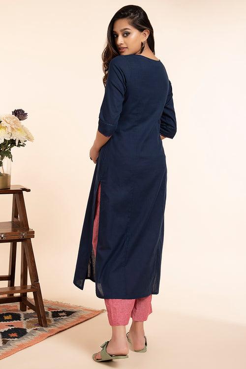 long kurta with slit - resplendent blue & bougainvillea