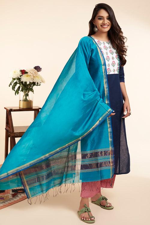 long kurta with slit - resplendent blue & bougainvillea