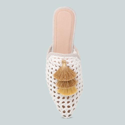 Woven Metallic Tassel Flat Mules