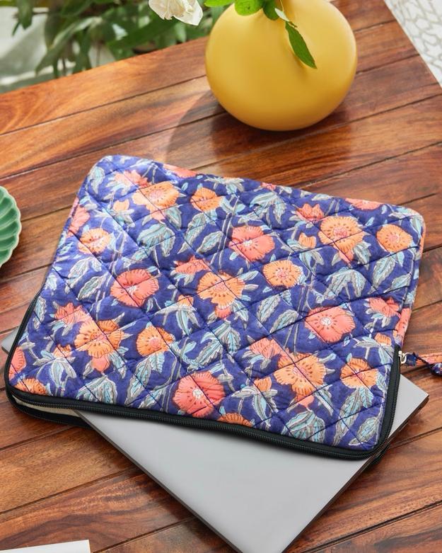 Blue Poppy Leher  Block Print Laptop Sleeve