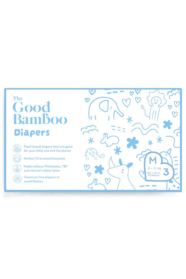 Bamboo Diapers - Medium Size (6-11 Kgs) - Tape Style - 32 Diapers