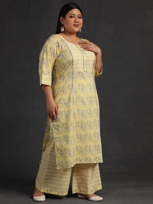 Plus Size Yellow Printed Cotton Straight Suit With Dupatta