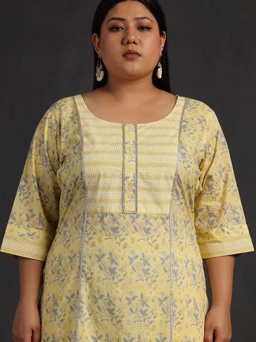Plus Size Yellow Printed Cotton Straight Suit With Dupatta