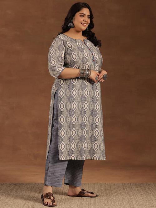 Plus Size Grey Printed Silk Blend Straight Suit With Dupatta