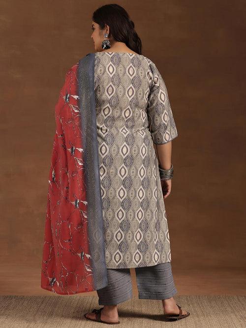 Plus Size Grey Printed Silk Blend Straight Suit With Dupatta