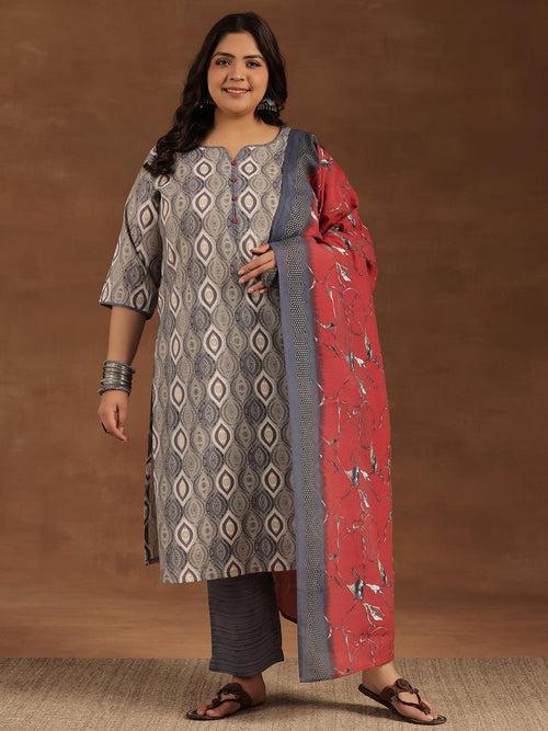 Plus Size Grey Printed Silk Blend Straight Suit With Dupatta