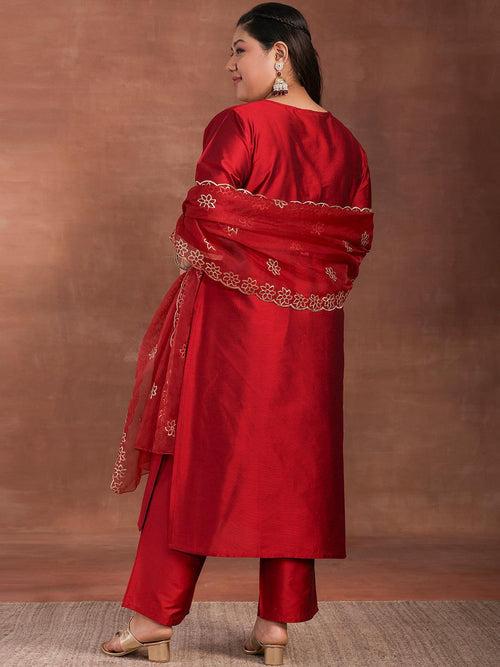 Plus Size Maroon Solid Silk Blend Straight Suit With Dupatta