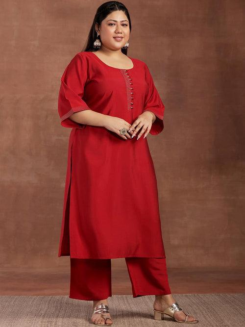 Plus Size Red Solid Silk Blend Straight Suit With Dupatta