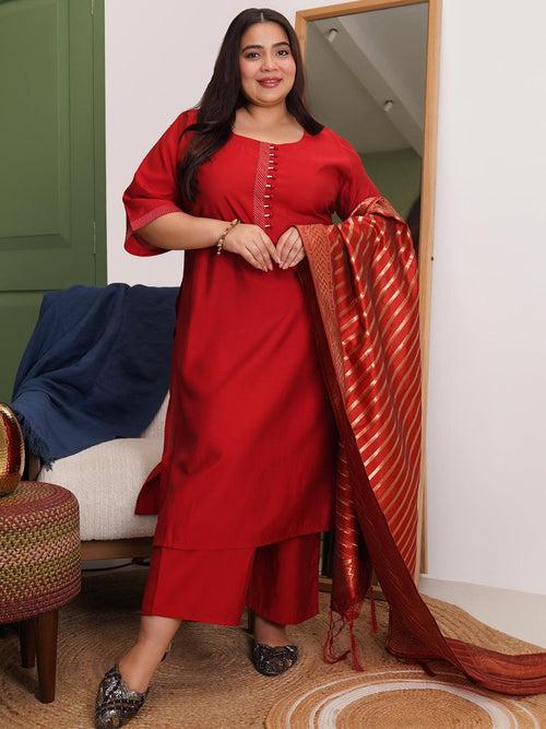 Plus Size Red Solid Silk Blend Straight Suit With Dupatta