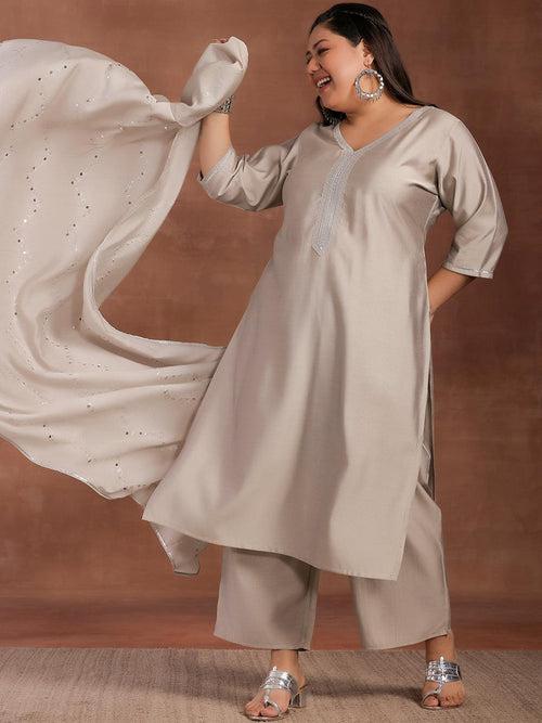 Plus Size Grey Yoke Design Silk Blend Straight Suit With Dupatta