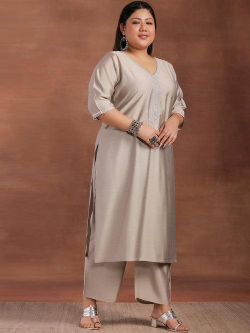 Plus Size Grey Yoke Design Silk Blend Straight Suit With Dupatta