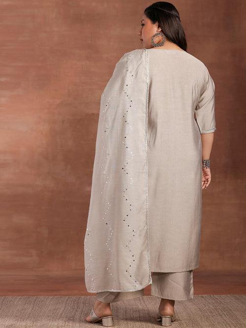 Plus Size Grey Yoke Design Silk Blend Straight Suit With Dupatta