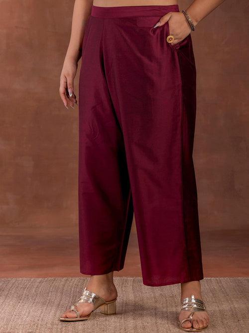 Plus Size Burgundy Yoke Design Silk Blend Straight Suit With Dupatta