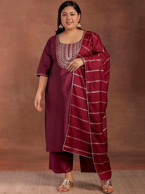 Plus Size Burgundy Yoke Design Silk Blend Straight Suit With Dupatta