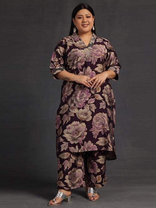 Plus Size Purple Printed Silk Blend Co-Ords