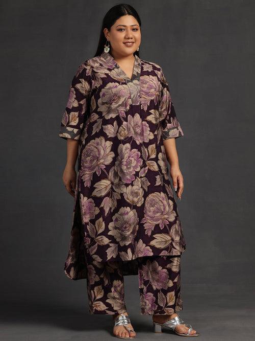 Plus Size Purple Printed Silk Blend Co-Ords